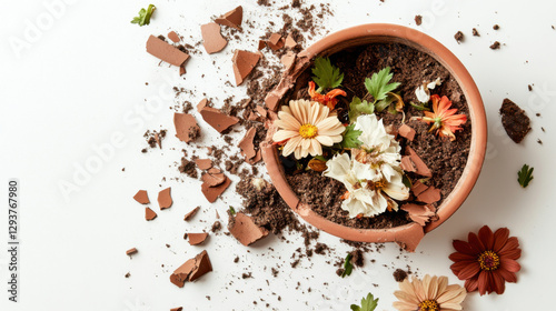 A high-resolution close-up of a shattered flower pot on a balcony