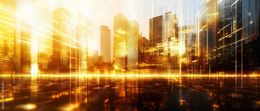 Fototapeta premium Stunning Bright Urban Landscape with Golden Light Reflections and Modern Architectural Features