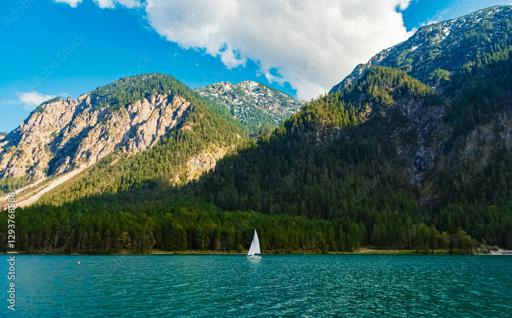 Alpine summer view at Lake Heiterwanger See, Heiterwang, Reutte, Tyrol, Austria