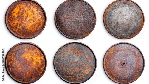 Set of metal plates with rusted surfaces, isolated on a white background