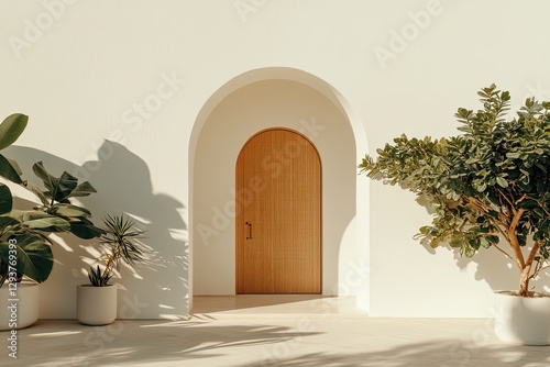 Minimalist entrance featuring an arched wooden door surrounded b