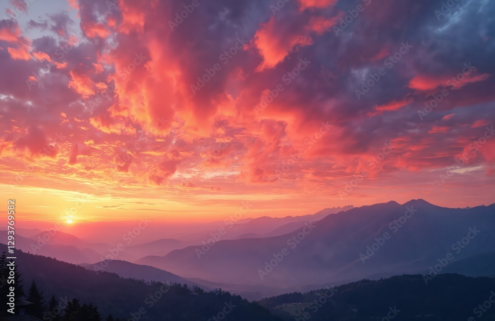 Obraz premium Majestic mountain landscape at vibrant sunset. Colorful pink, red clouds over mountains hills. Golden sun rays shine through sky. Mountain peaks, forest on horizon, panoramic scenic view at dusk.