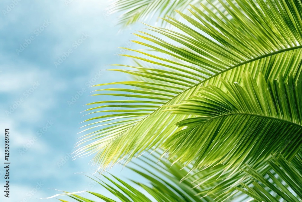 Lush green palm leaves against bright sky evoke tropical serenit Lush green palm leaves against bright sky evoke tropical serenit