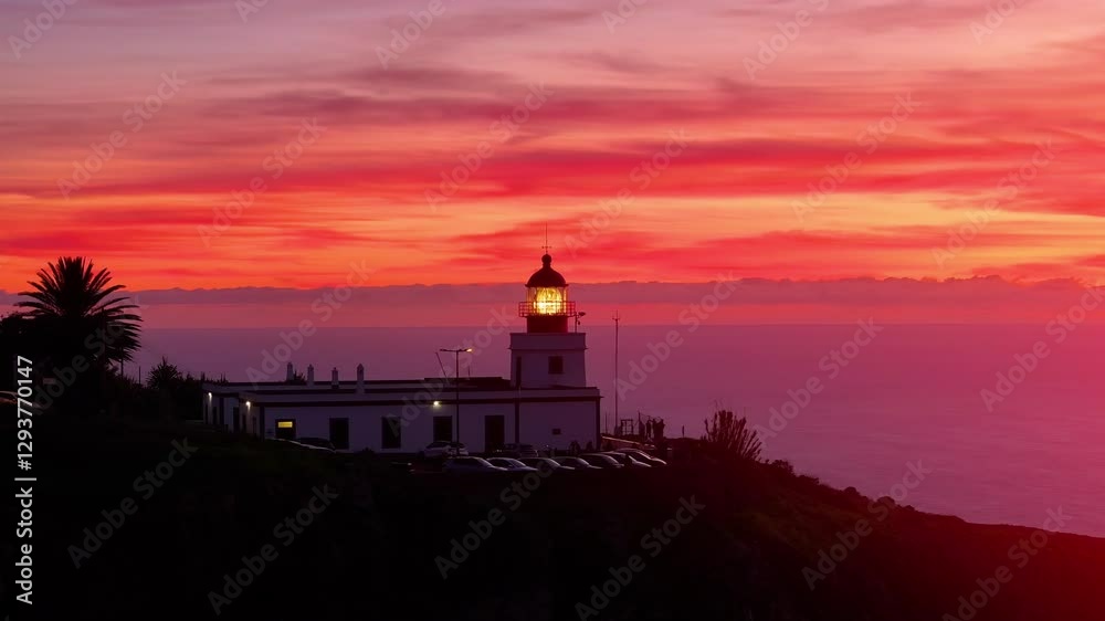 Sunset over Madeira's lighthouse with vibrant colors illuminating the sky and ocean Sunset over Madeira's lighthouse with vibrant colors illuminating the sky and ocean