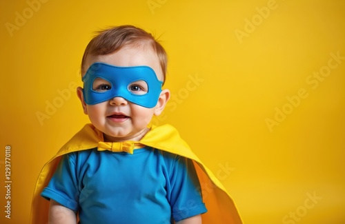 Adorable baby in blue superhero costume with yellow cape smiles confidently. Little hero embodies power, playfulness, innocence. Cheerful infant ready to protect, save world. Cute child, childhood photo