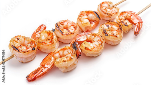 Skewer with delicious grilled shrimps, isolated on a white background