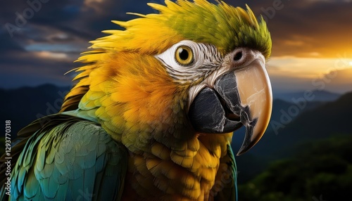 Vivid Macaw Perched on a Tropical Leaf, Bold and Majestic against a Lush Emerald Backdrop, Radiating Exotic Energy in the Equatorial Jungle.