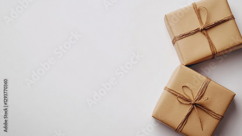 Two brown craft paper wrapped gift boxes, isolated on a white background