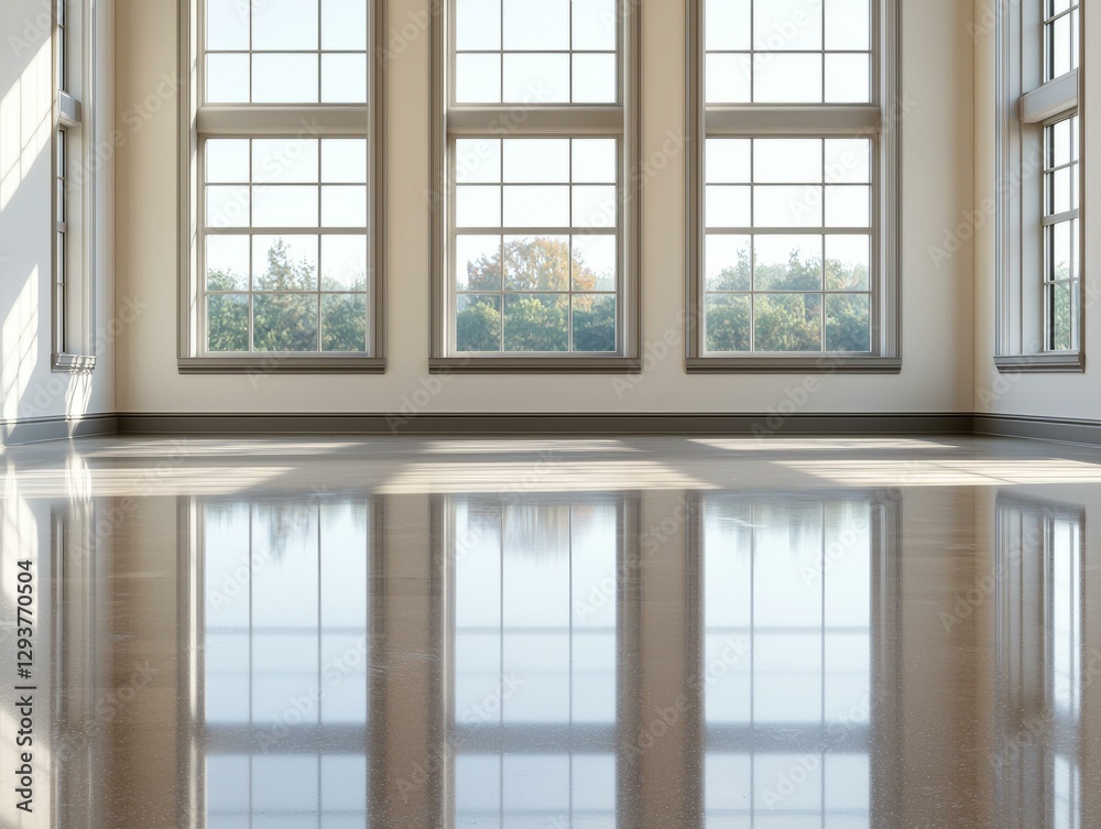 Spacious room featuring a large window and expansive floor creating an airy atmosphere Spacious room featuring a large window and expansive floor creating an airy atmosphere