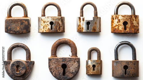 Set of old rusty padlocks, isolated on a white background