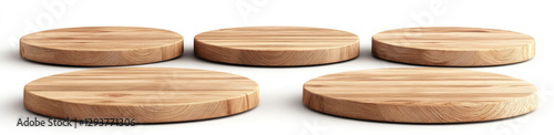 Set of flat wooden podiums for product display, isolated on a white background