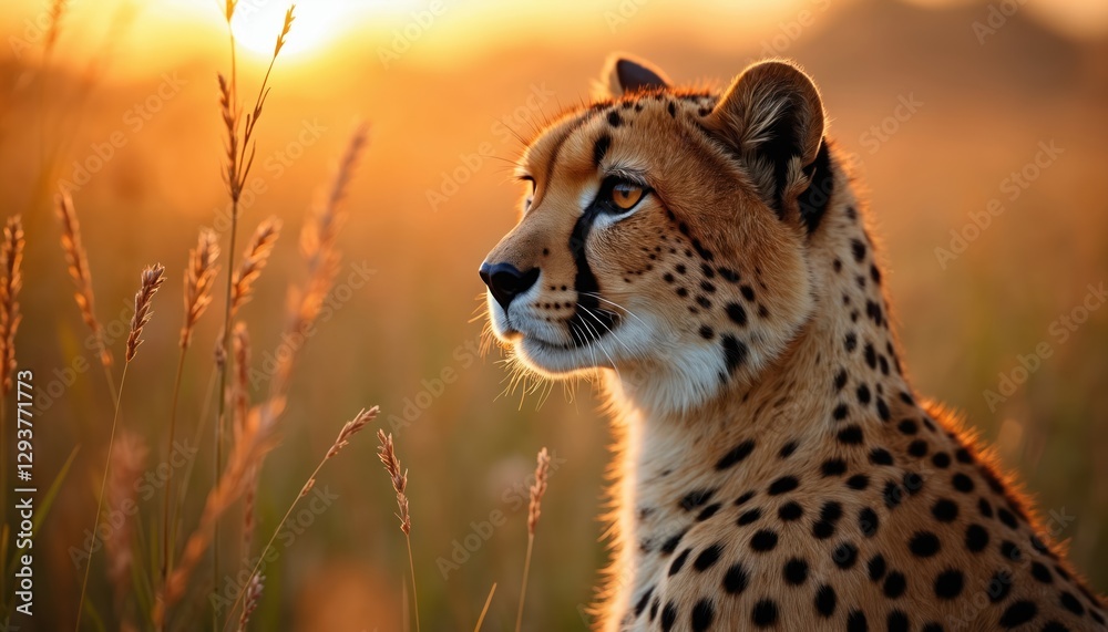 Obraz premium Close-up of cheetah portrait on International Cheetah Day. Feline predator watches prey at sunset, wildlife conservation awareness. Africa nature eco environment with wild cat, sunrise background.