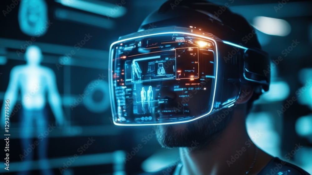 Software engineer working on virtual reality software using a futuristic headset with head up display, developing innovative technology in a dark technological laboratory Software engineer working on virtual reality software using a futuristic headset with head up display, developing innovative technology in a dark technological laboratory
