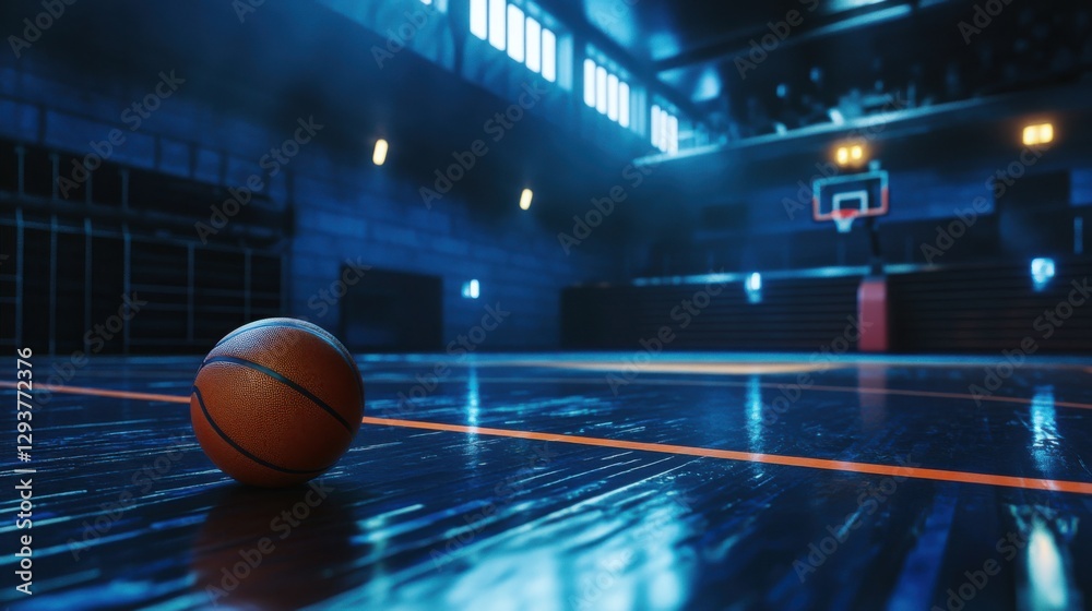The Enigmatic Sphere: A Basketball Resting Amidst a Glimmering, Otherworldly Landscape of Light and Shadow The Enigmatic Sphere: A Basketball Resting Amidst a Glimmering, Otherworldly Landscape of Light and Shadow