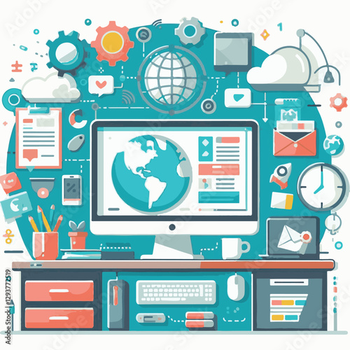 computer, digital, business, technology, communication, laptop, tech, work, office, web, internet, design, employee, vector, information, monitor, pc, modern, device, person, electronic, desktop, scre