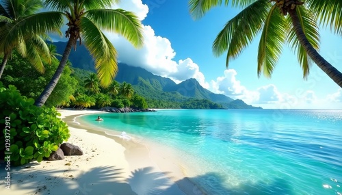 Lush tropical palms, idyllic Polynesian lagoon panorama , photography, peaceful