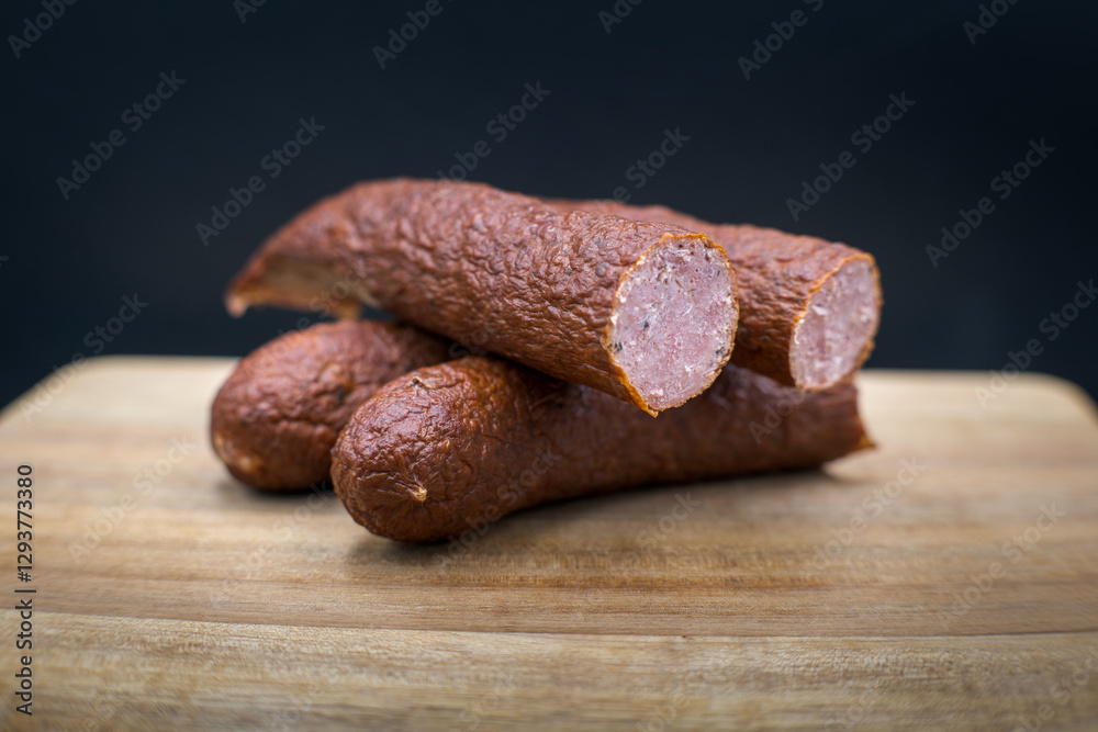 Dry smoked sausage, medium minced. Traditional taste and appetizing aroma.