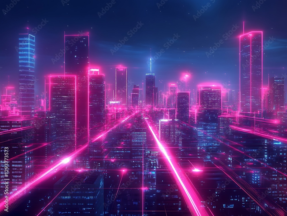 Futuristic cityscape featuring neon pink and blue lighting