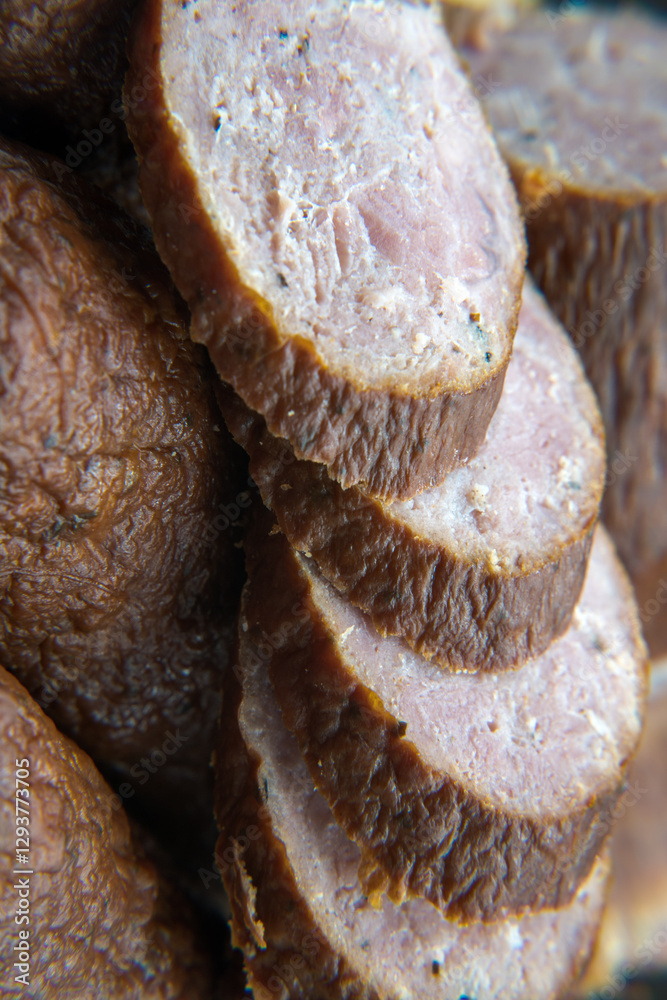 Dry smoked sausage, medium minced. Traditional taste and appetizing aroma.
