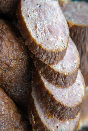 Obraz na płótnie Dry smoked sausage, medium minced. Traditional taste and appetizing aroma.
w salonie