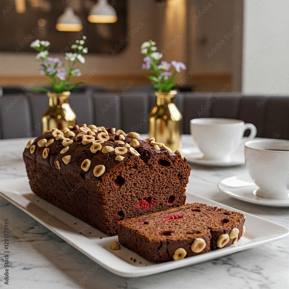 A rich chocolate loaf cake topped with hazelnuts and filled with raspberries, served on a white platter in a cozy café setting.
A rich chocolate loaf cake topped with hazelnuts and filled with raspberries, served on a white platter in a cozy café setting.