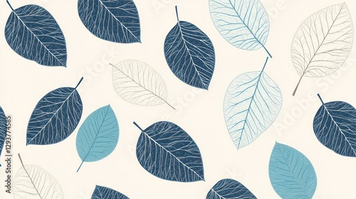 Elegant Blue and Beige Leaf Pattern: A Serene Botanical Illustration