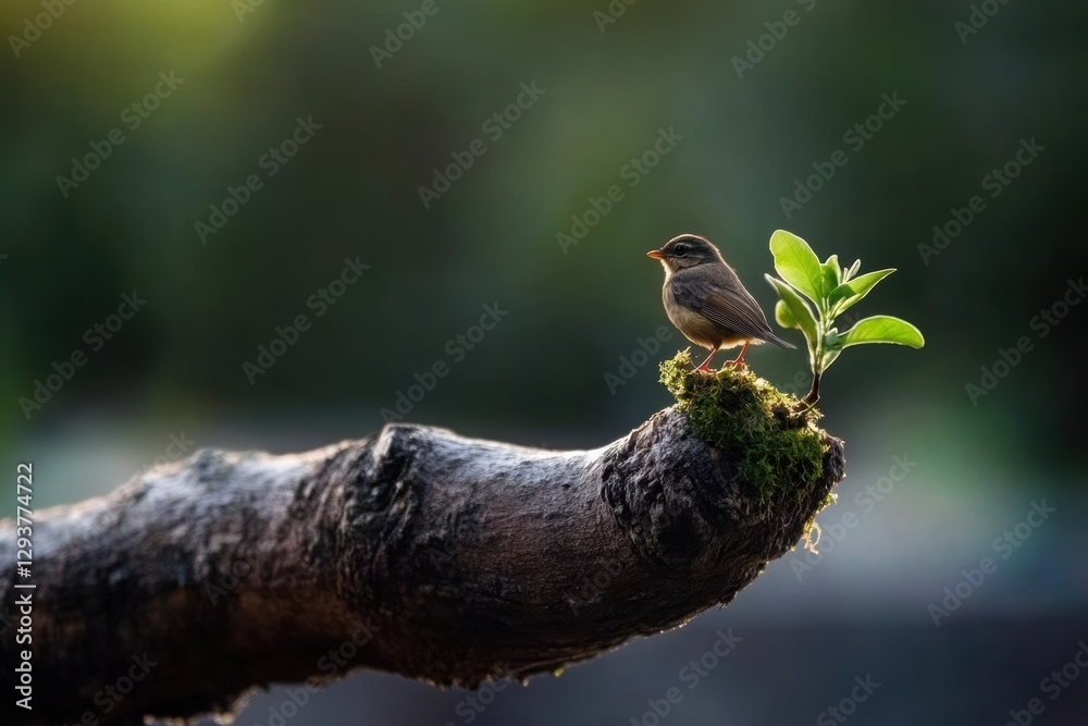 Obraz premium A tree branch supporting a small bird perched on its end, creating a symbol of natural support. 