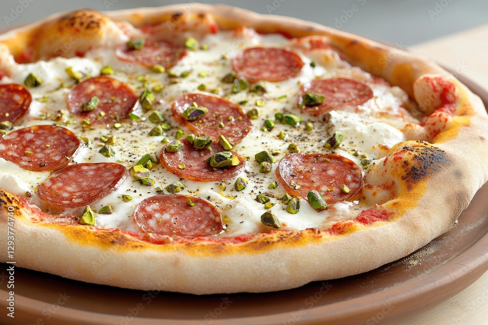 Delicious pizza topped with pepperoni and fresh herbs on wooden Delicious pizza topped with pepperoni and fresh herbs on wooden