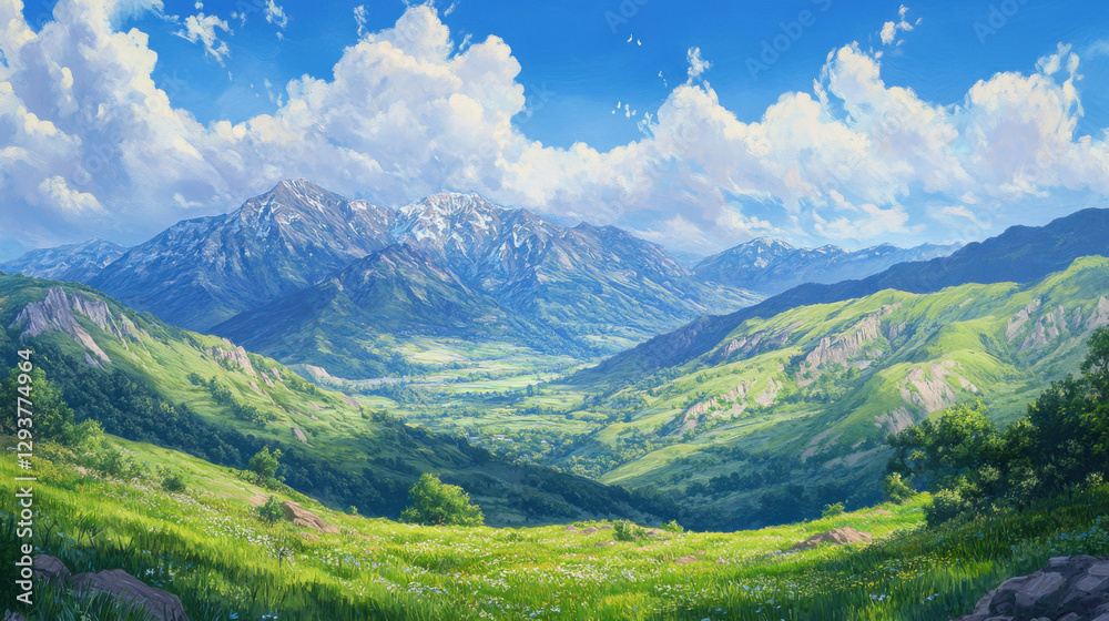Obraz premium A magnificent mountain scene with deep green valleys,