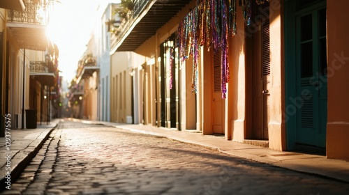 Charming street bathed in golden light, showcasing colorful buil photo
