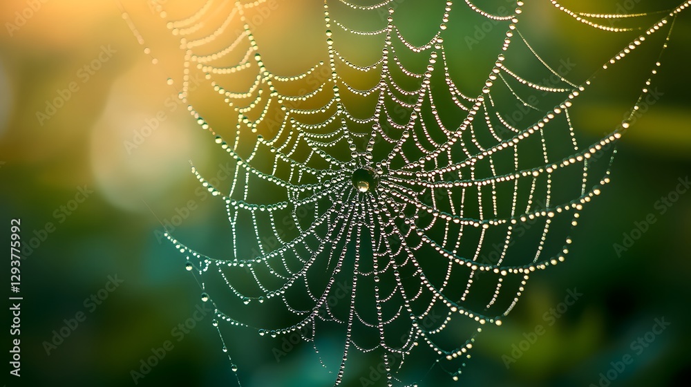 Macro shot of a dew-covered spider web highlights realistic strands and dew drops in soft golden morning light against a green background, offering an intricate close-up view of nature’s detail.