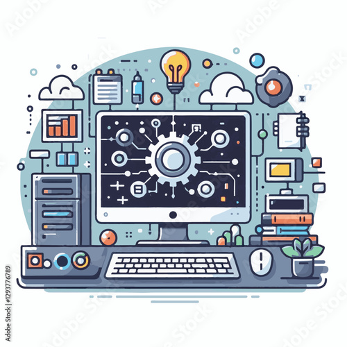 computer, digital, business, technology, communication, laptop, tech, work, office, web, internet, design, employee, vector, information, monitor, pc, modern, device, person, electronic, desktop, scre