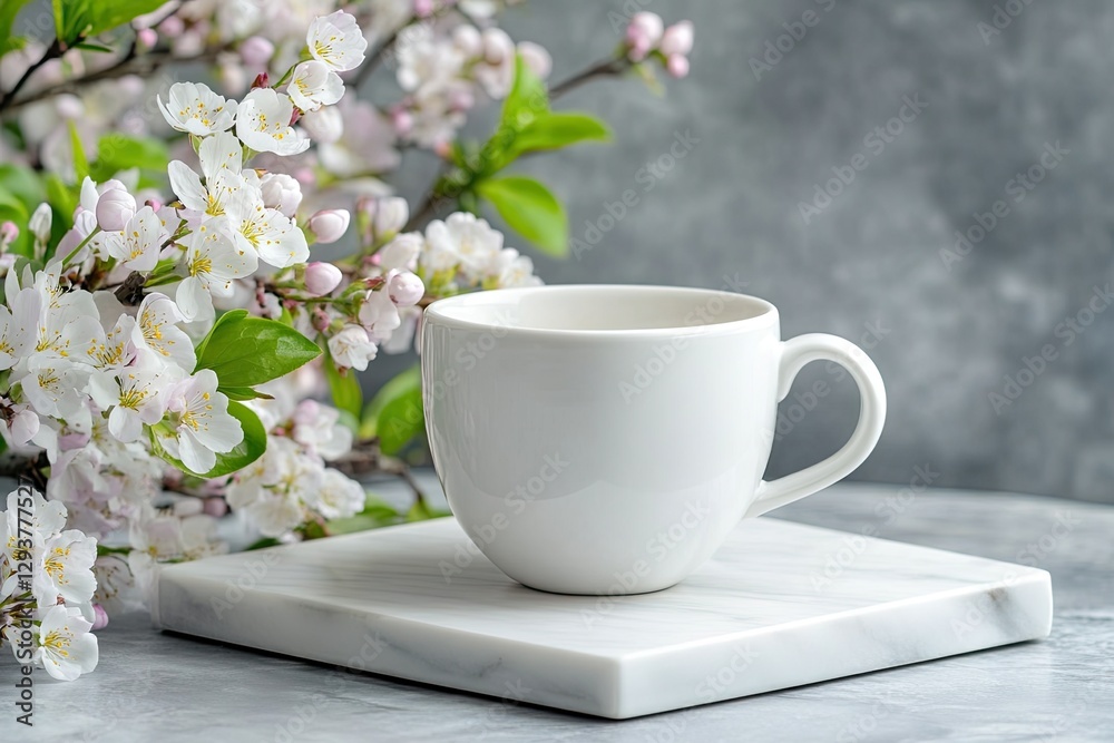 Delicate white cup positioned on marble coaster surrounded by bl Delicate white cup positioned on marble coaster surrounded by bl