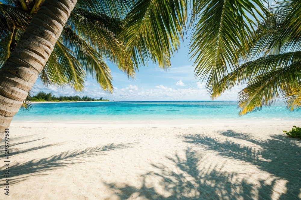 Fototapeta premium Tranquil beach scene with swaying palms and crystal-clear waters