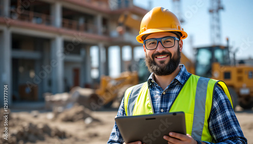 A successful bearded civil engineer wearing protective goggles, a hard hat, and a safety vest, smiling at the camera while holding a tablet at a construction site.
