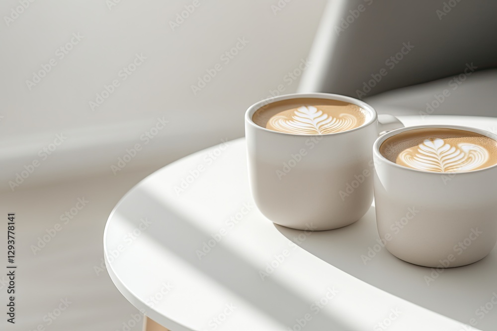 Warm cups of coffee on bright table, sunlight casting soft shado Warm cups of coffee on bright table, sunlight casting soft shado