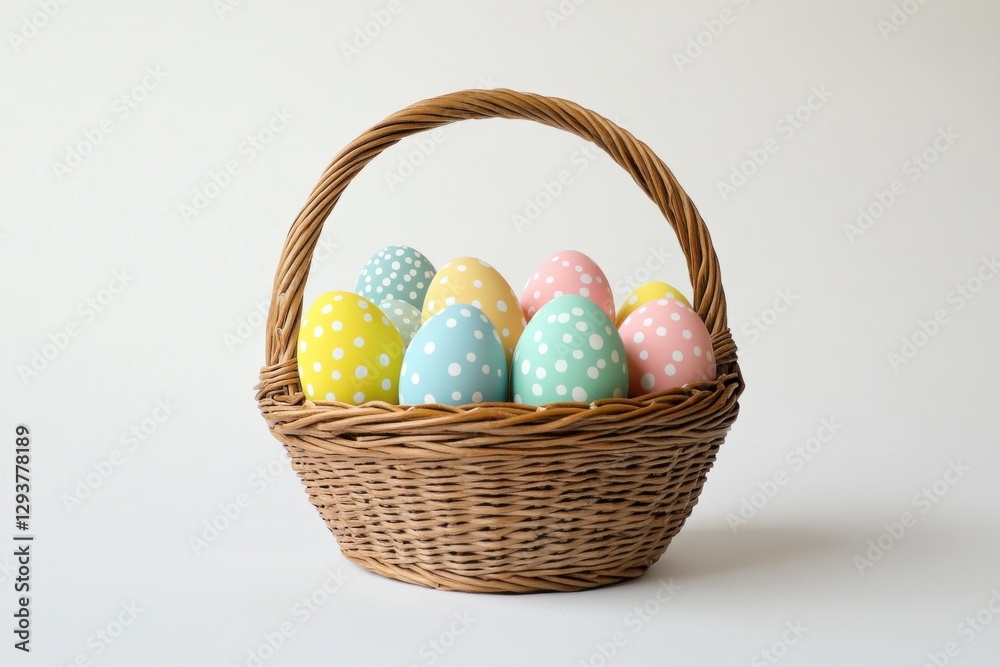 Pastel Polka Dot Easter Eggs in a Wicker Basket – Minimalist Spring Holiday Decoration, Festive Celebration, Simple and Elegant Easter Still Life Pastel Polka Dot Easter Eggs in a Wicker Basket – Minimalist Spring Holiday Decoration, Festive Celebration, Simple and Elegant Easter Still Life