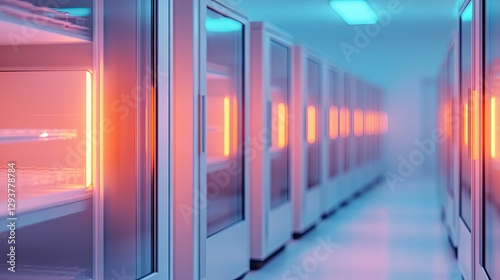 Brightly lit corridor lined with modern refrigeration units, sho