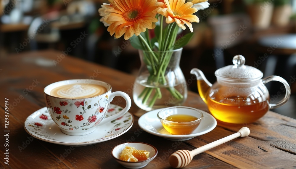 Coffee and tea setup with floral cup and teapot on wooden table Coffee and tea setup with floral cup and teapot on wooden table