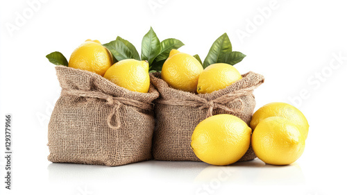 Set of fresh delicious lemon fruits in burlap sacks, isolated on a white background