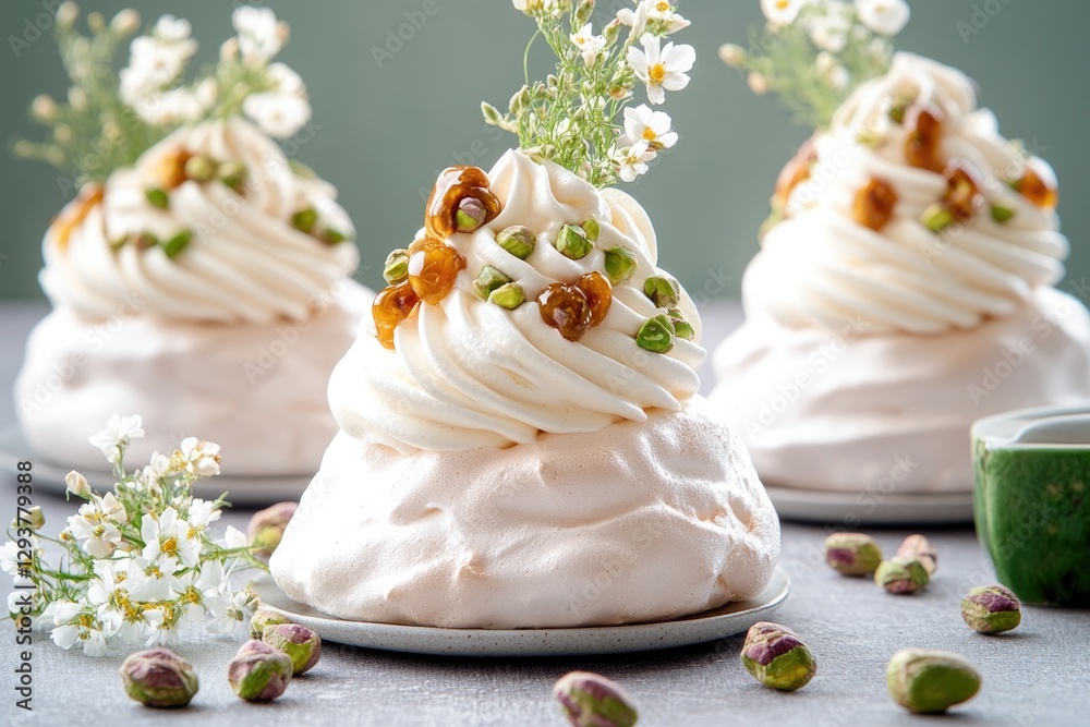 Delicate meringue desserts topped with whipped cream, nuts, and Delicate meringue desserts topped with whipped cream, nuts, and