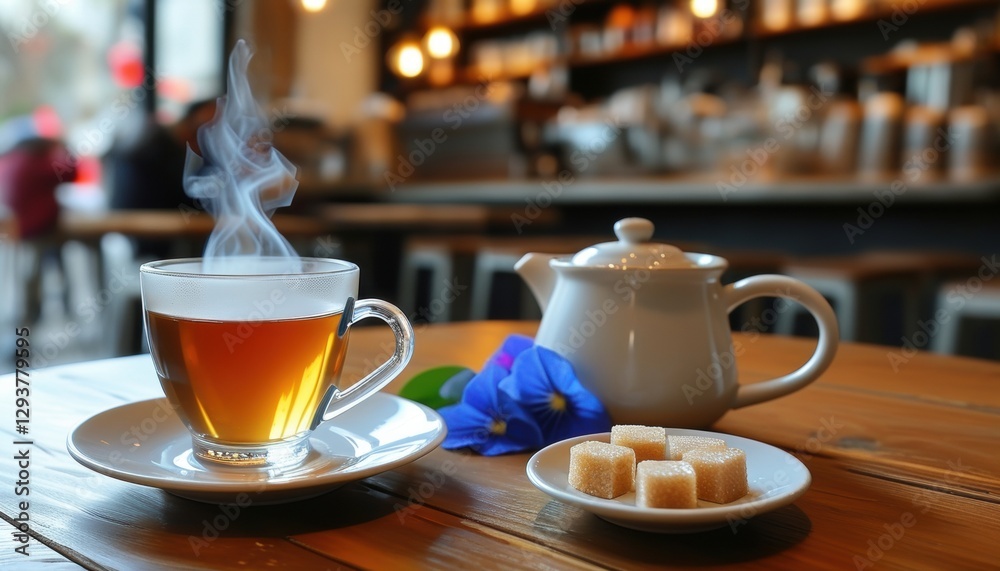 Obraz premium Trendy café scene with steaming tea and tea pot on wooden table