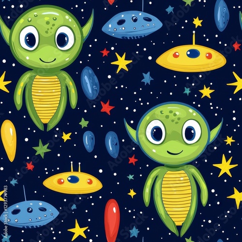 Cute Green Aliens and UFOs Seamless Pattern on Dark Blue Starry Background photo