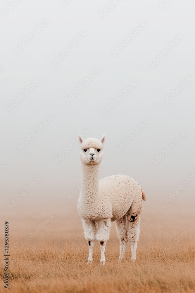 Obraz premium Elegant alpaca stands gracefully in misty landscape, showcasing