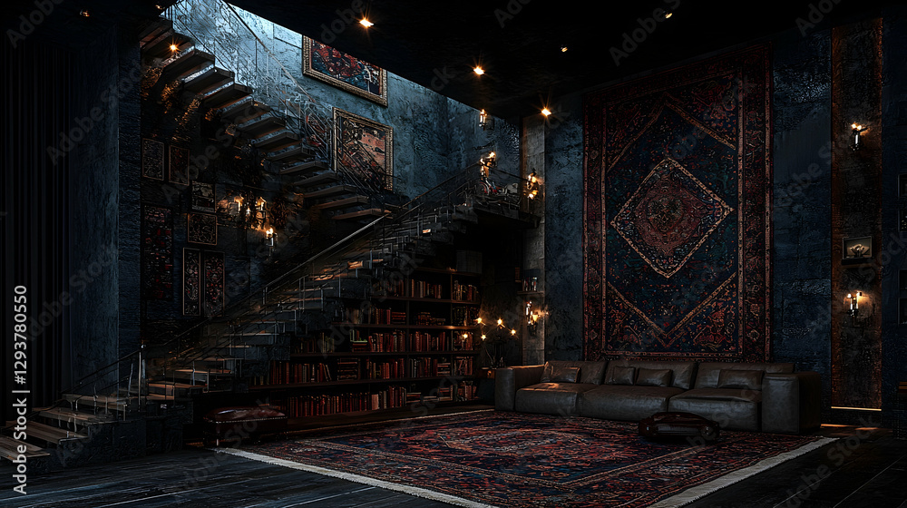 Obraz premium Dark library interior with stone stairs, books, and rugs