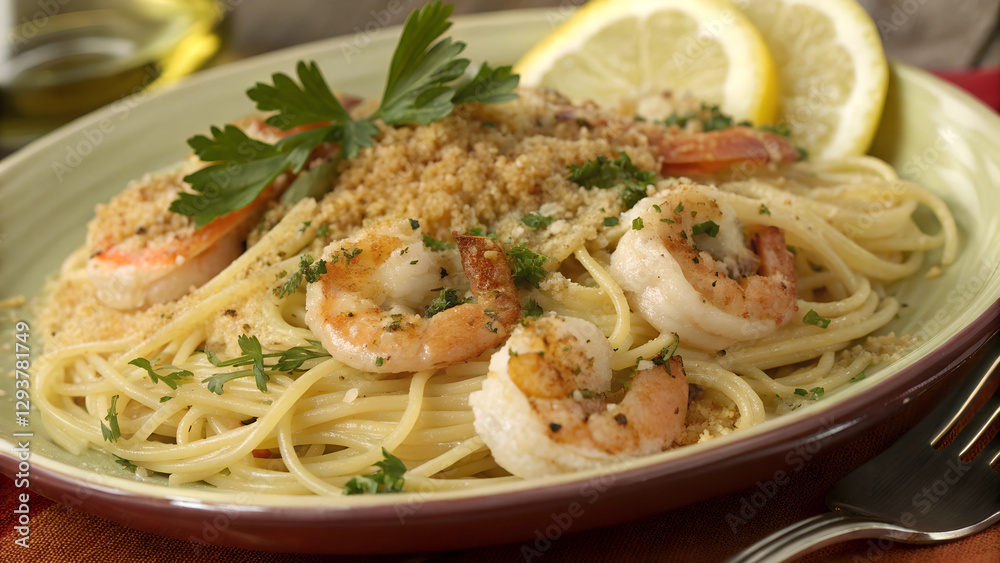 Shrimp scampi pasta with garlic, lemon butter sauce, and fresh parsley Shrimp scampi pasta with garlic, lemon butter sauce, and fresh parsley