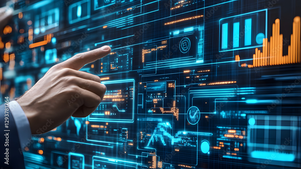Futuristic digital interface, hand interacting with holographic data, technology concept. Futuristic digital interface, hand interacting with holographic data, technology concept.