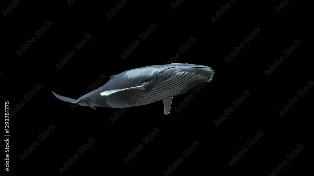 A humpback whale swims past the camera from a low-angle view. The footage also features a flying whale in the sky. Includes an alpha channel and luma key, perfect for VFX, films, and creative projects