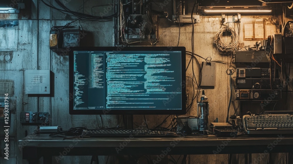 A gritty industrial workshop features a computer screen displaying live programming code, with exposed wires and metal panels reflecting the rough work environment A gritty industrial workshop features a computer screen displaying live programming code, with exposed wires and metal panels reflecting the rough work environment