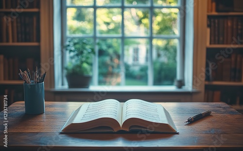 Wooden Desk with Open Book and Pen, Blurred Space for Text, Classic Aesthetic